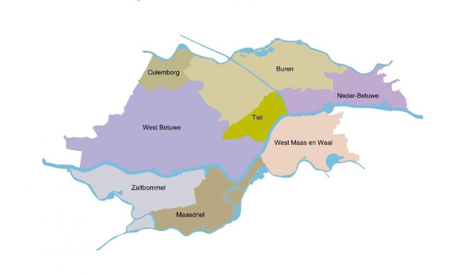 afbeelding: landkaart met gemeente-gebieden in verschillende kleuren